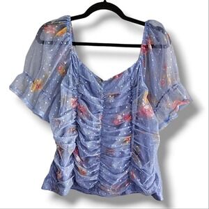 Willow Blue Lace Floral Draped Crop Top Ruffle Sleeves Plus Size 2XL Blouse